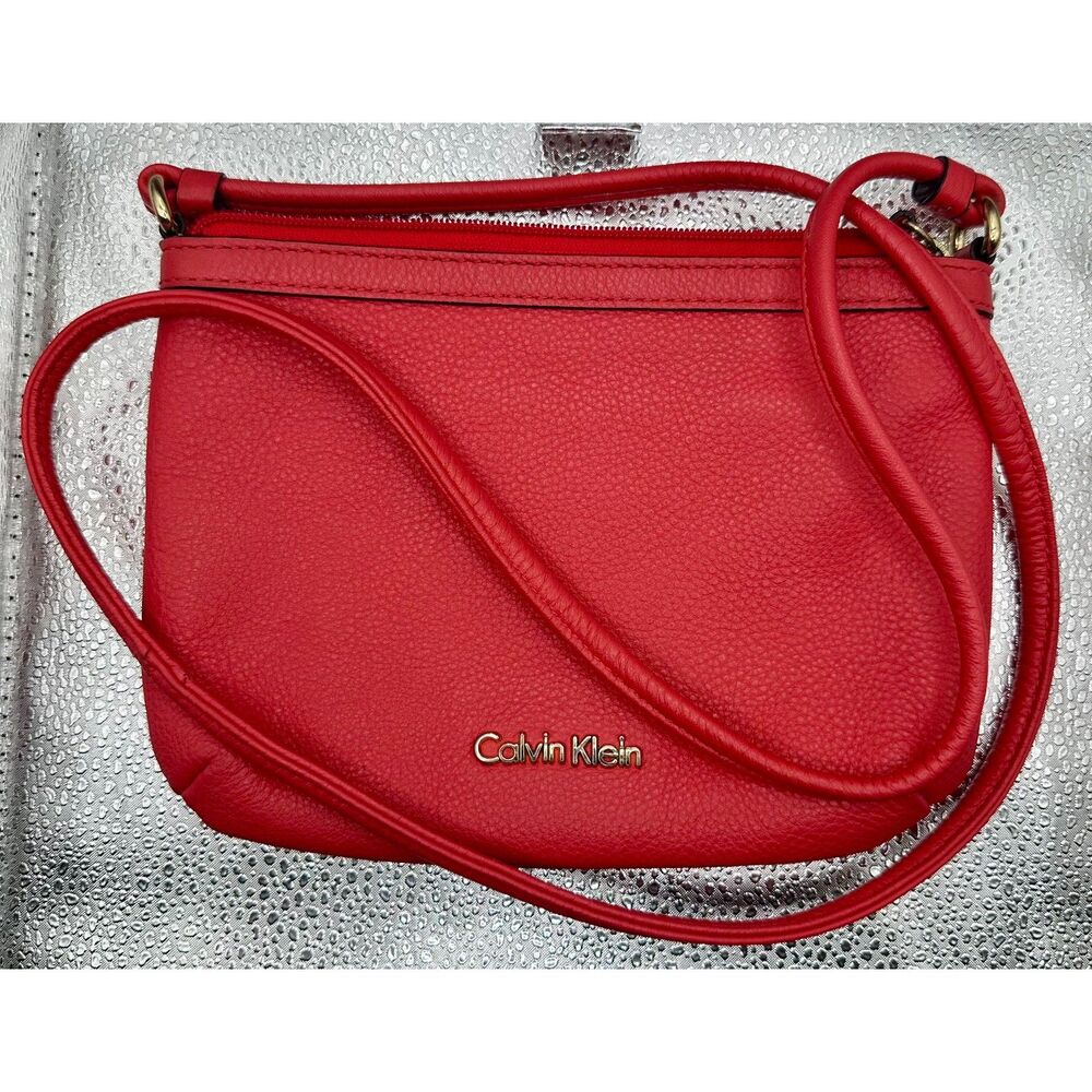 Calvin Klein Red Crossbody Bag Pebbled Faux Leather Zip Top Handbag Purse